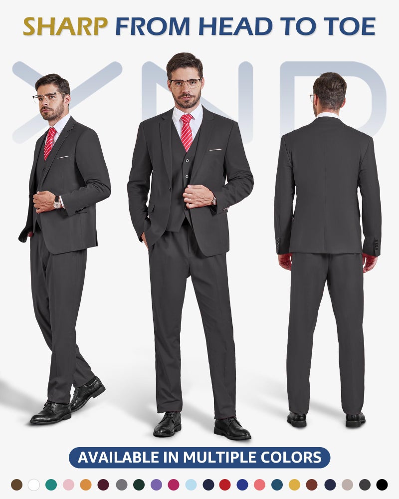 YND Men's 3 Piece Slim Fit Suit, One Button Solid Jacket Vest Pants Set with Tie, for Wedding Party Proms and Business, Deep Grey - Image 2